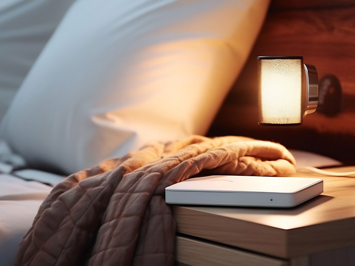 Lampe de lecture élégante flottant au-dessus de la table de nuit.